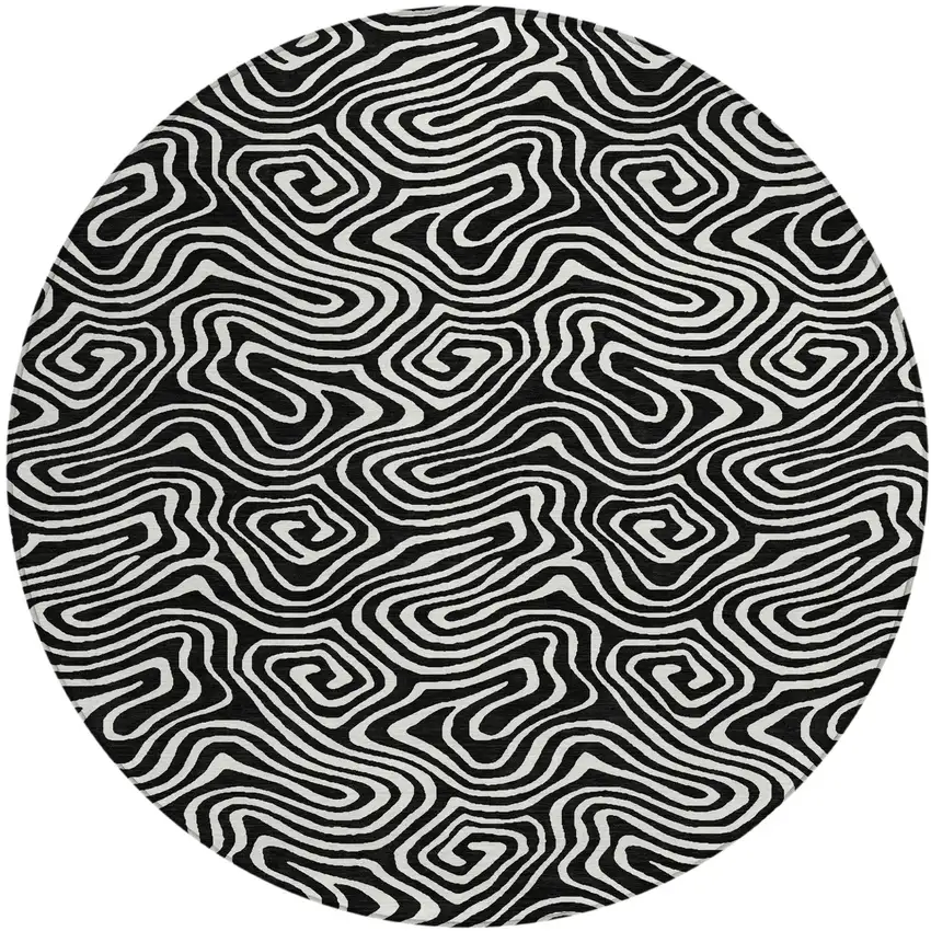 8' Black And Ivory Round Abstract Washable Indoor Outdoor Area Rug Photo 2
