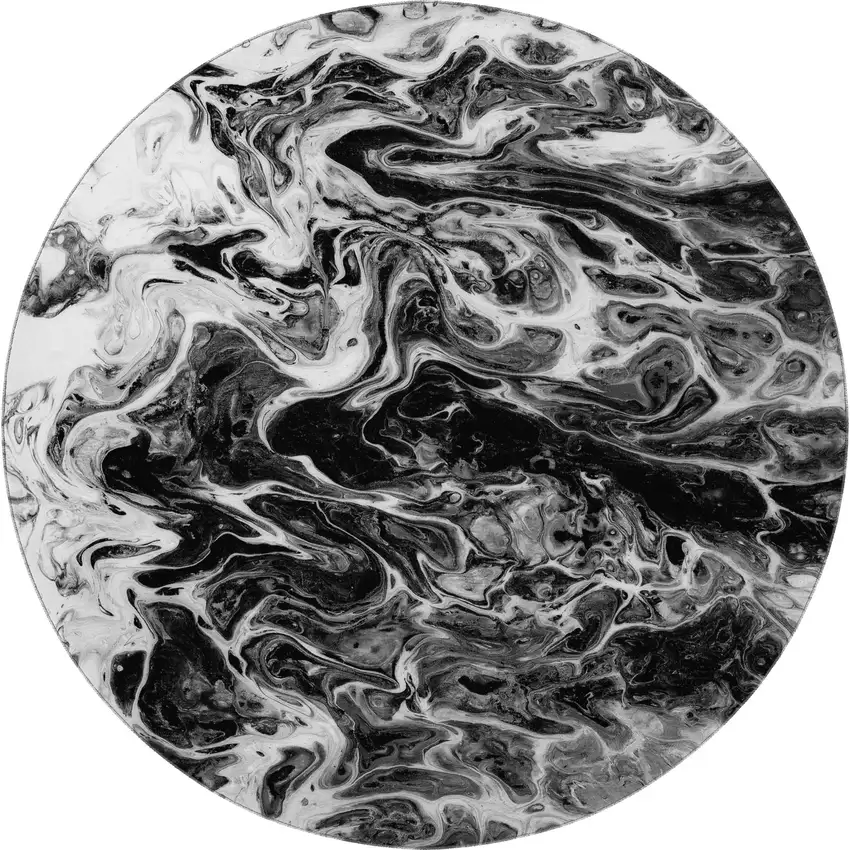 8' Black And Ivory Round Abstract Washable Indoor Outdoor Area Rug Photo 4