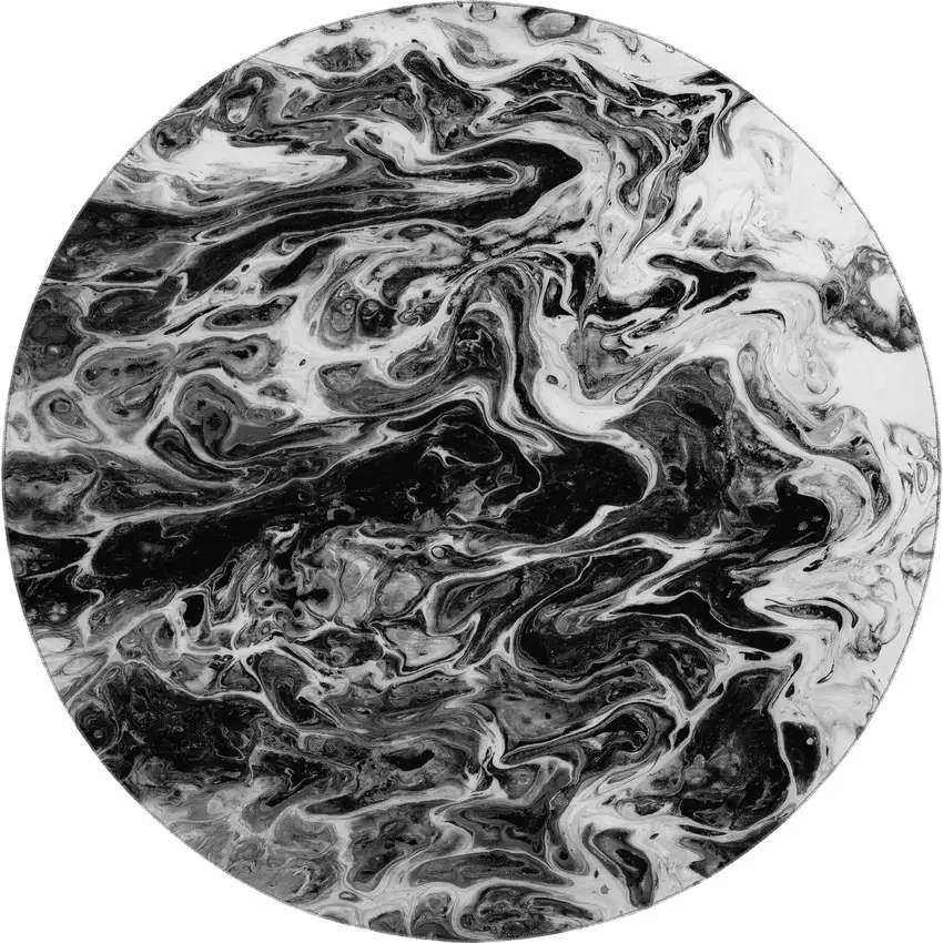 8' Black And Ivory Round Abstract Washable Indoor Outdoor Area Rug Photo 2