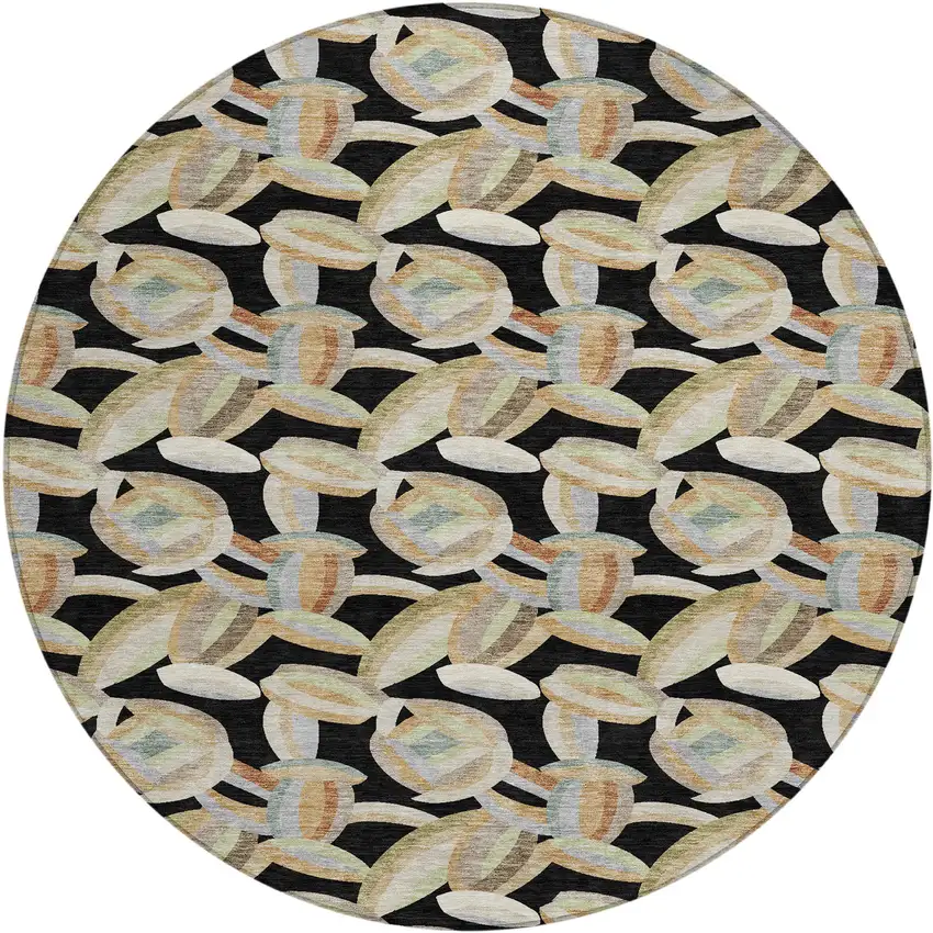 8' Black And Ivory Round Abstract Washable Indoor Outdoor Area Rug Photo 1