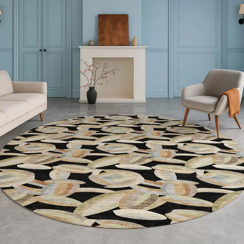 8' Black And Ivory Round Abstract Washable Indoor Outdoor Area Rug Photo 5
