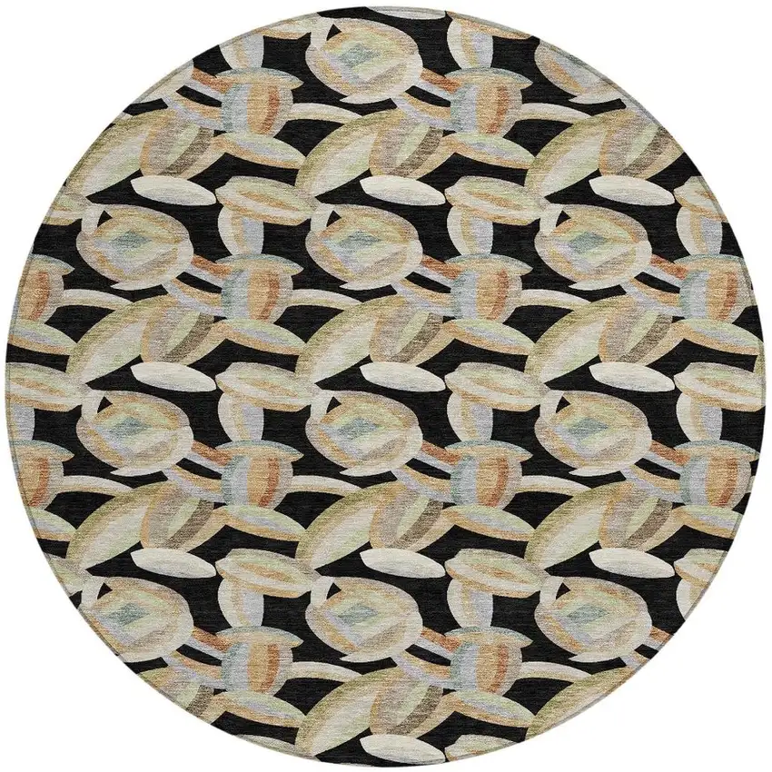 8' Black And Ivory Round Abstract Washable Indoor Outdoor Area Rug Photo 2