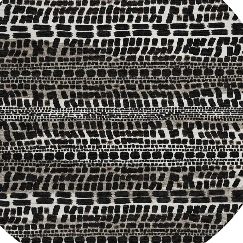 8' Black And Ivory Round Abstract Washable Indoor Outdoor Area Rug Photo 2