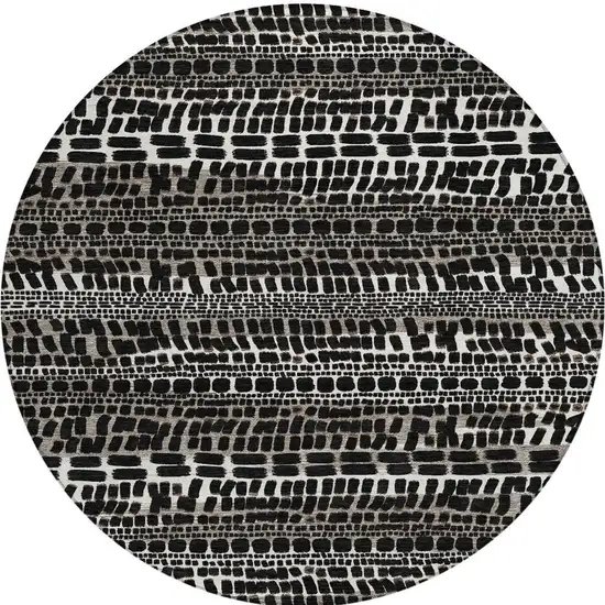 8' Black And Ivory Round Abstract Washable Indoor Outdoor Area Rug Photo 3