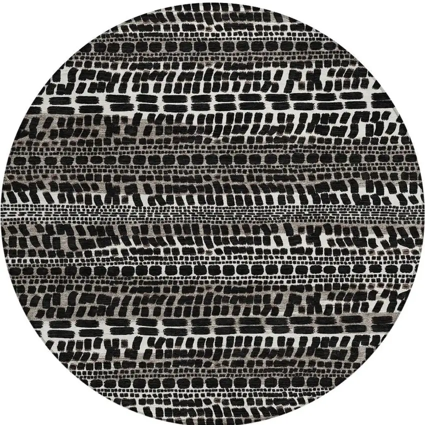 8' Black And Ivory Round Abstract Washable Indoor Outdoor Area Rug Photo 3