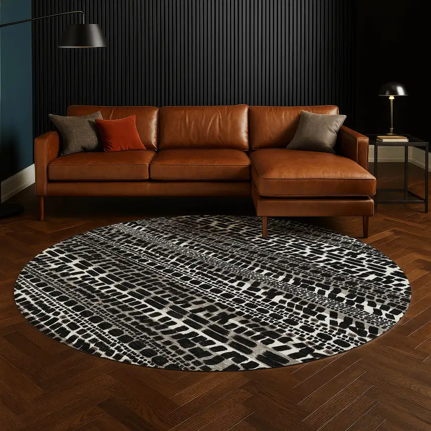 8' Black And Ivory Round Abstract Washable Indoor Outdoor Area Rug Photo 5