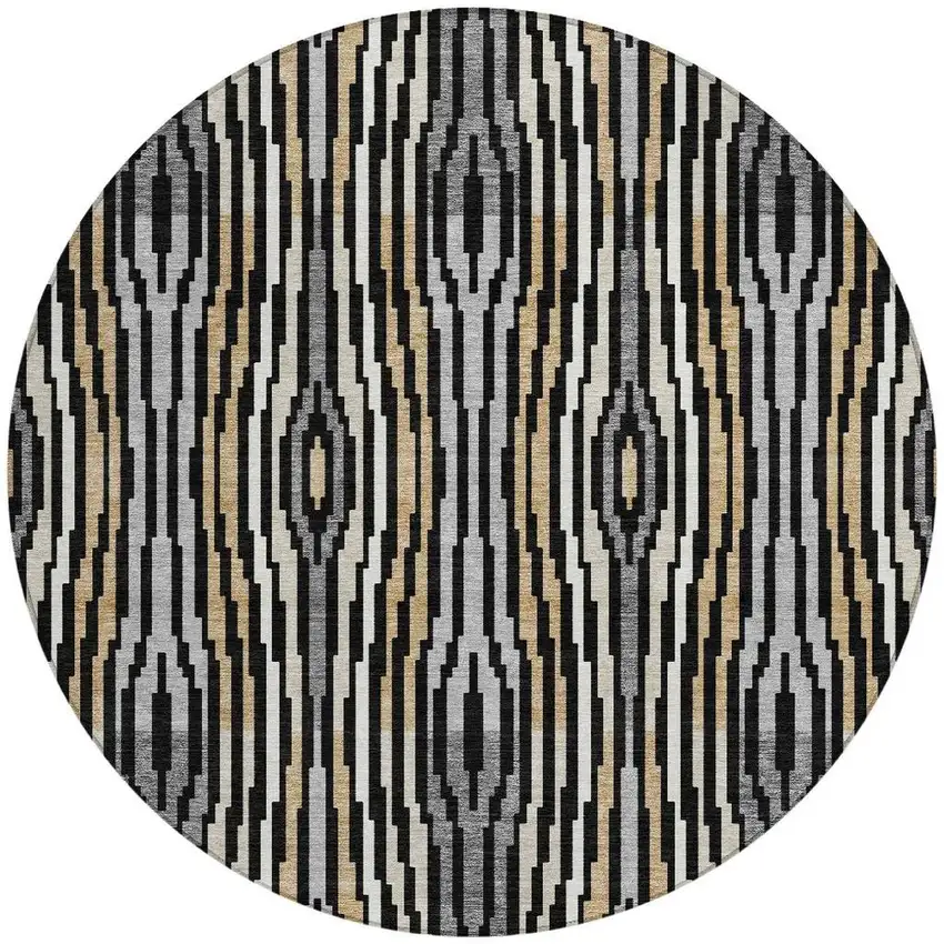 8' Black And Ivory Round Abstract Washable Indoor Outdoor Area Rug Photo 4