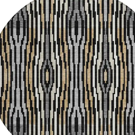 8' Black And Ivory Round Abstract Washable Indoor Outdoor Area Rug Photo 5