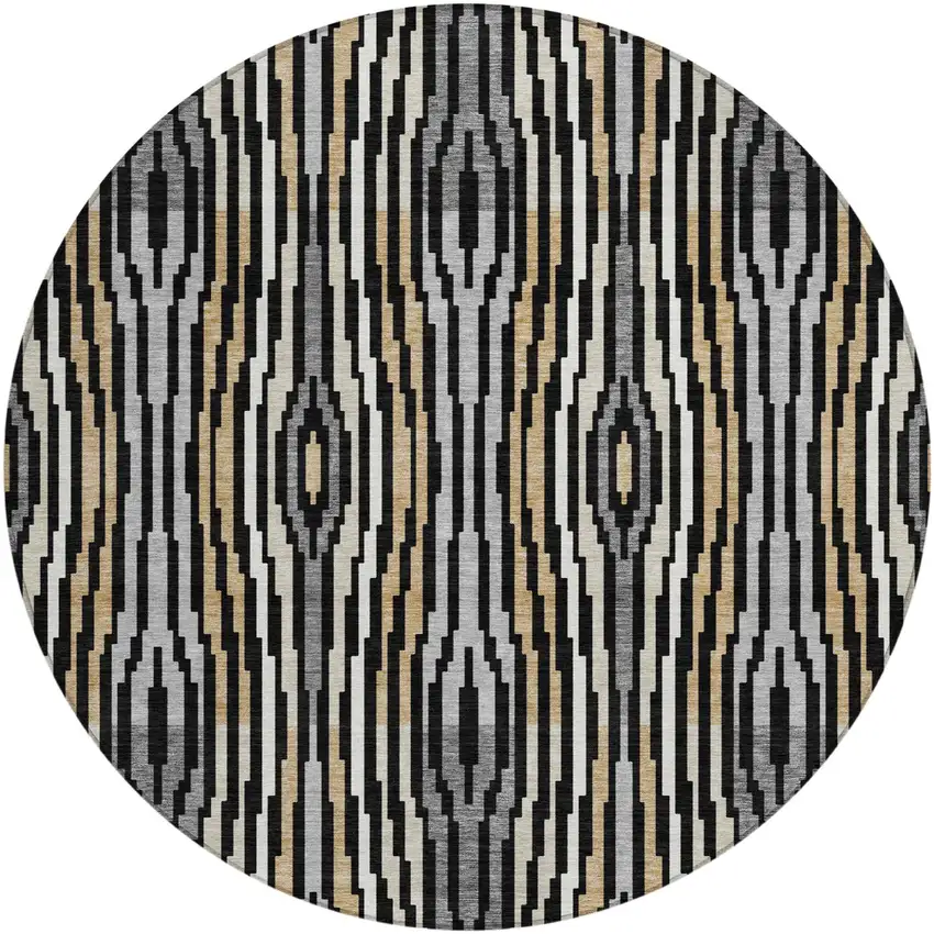 8' Black And Ivory Round Abstract Washable Indoor Outdoor Area Rug Photo 2