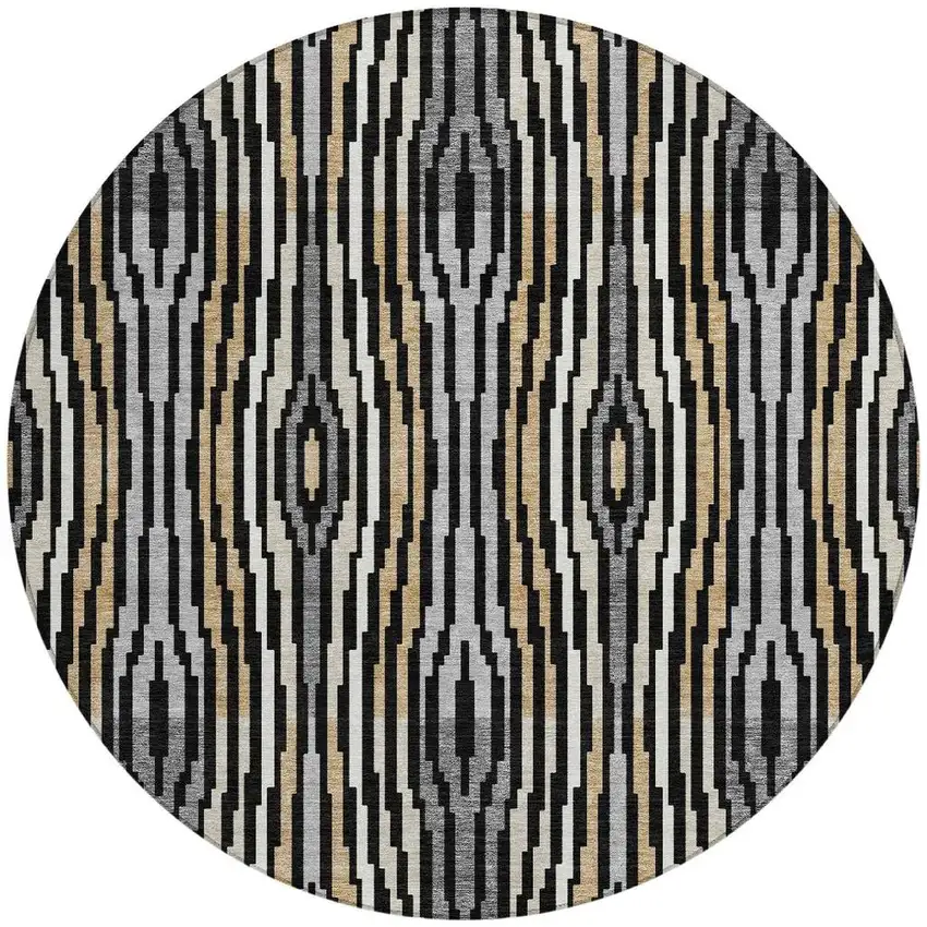 8' Black And Ivory Round Abstract Washable Indoor Outdoor Area Rug Photo 3