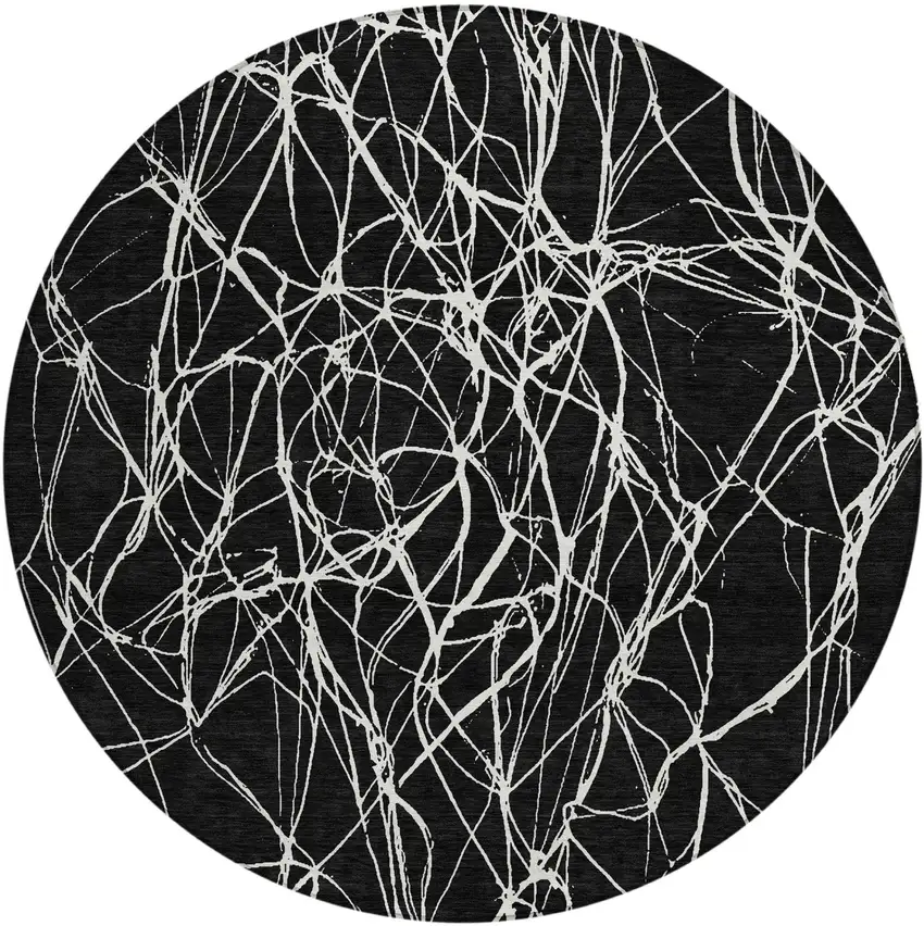 8' Black And Ivory Round Abstract Washable Indoor Outdoor Area Rug Photo 2