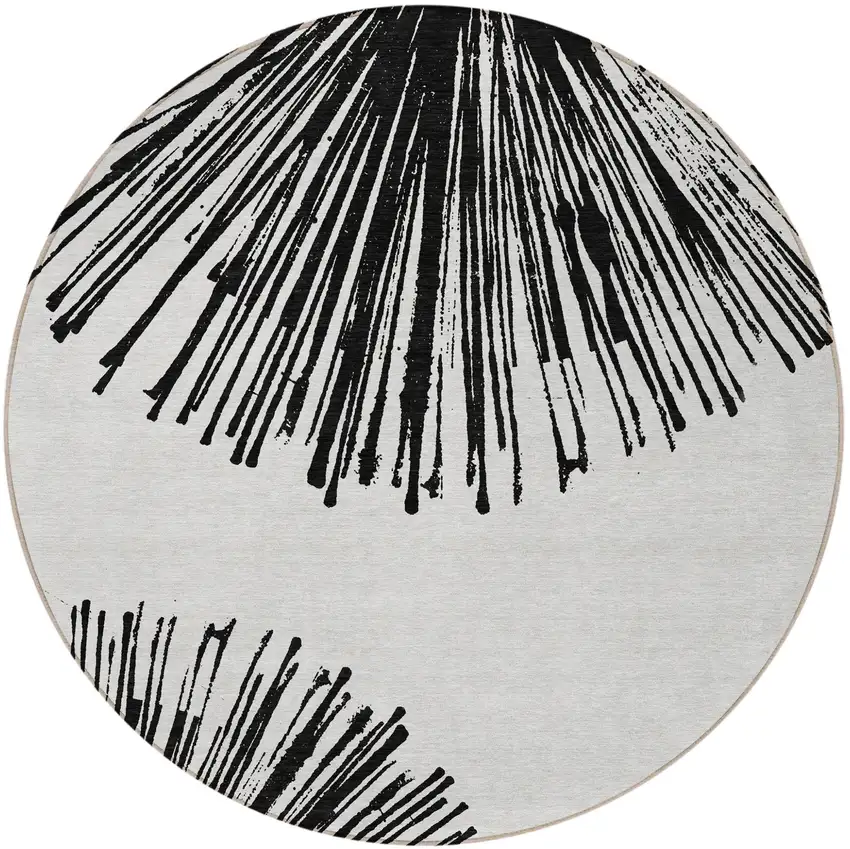 8' Black And Ivory Round Abstract Washable Indoor Outdoor Area Rug Photo 2