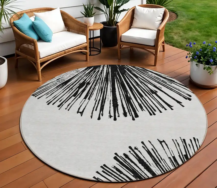 8' Black And Ivory Round Abstract Washable Indoor Outdoor Area Rug Photo 1