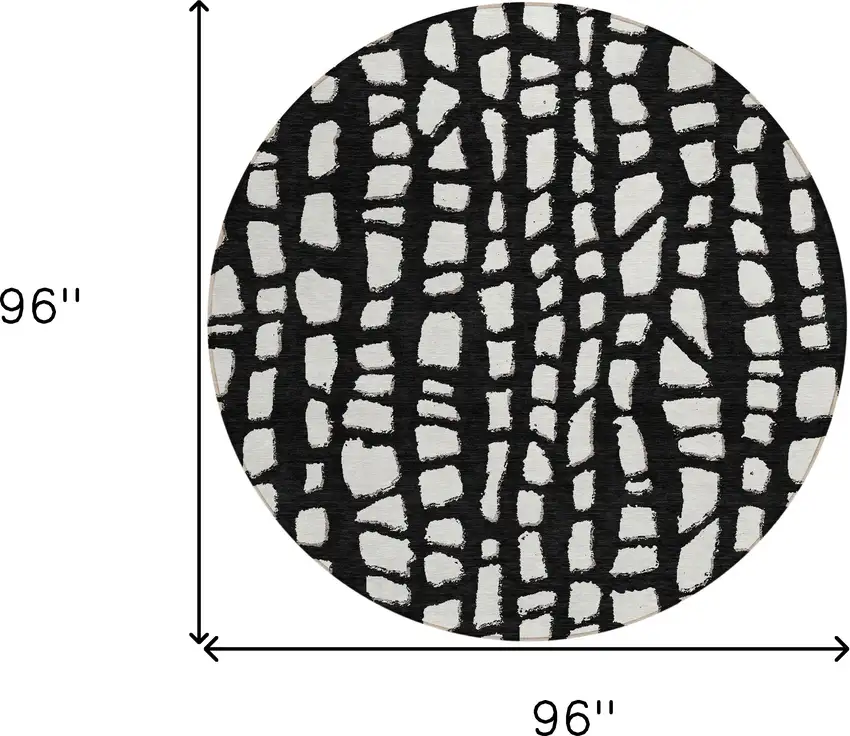 8' Black And Ivory Round Abstract Washable Indoor Outdoor Area Rug Photo 8