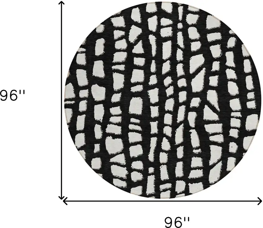 8' Black And Ivory Round Abstract Washable Indoor Outdoor Area Rug Photo 8