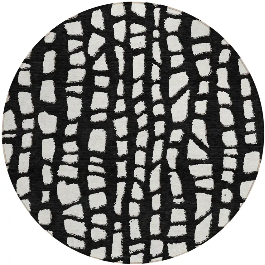 8' Black And Ivory Round Abstract Washable Indoor Outdoor Area Rug Photo 1