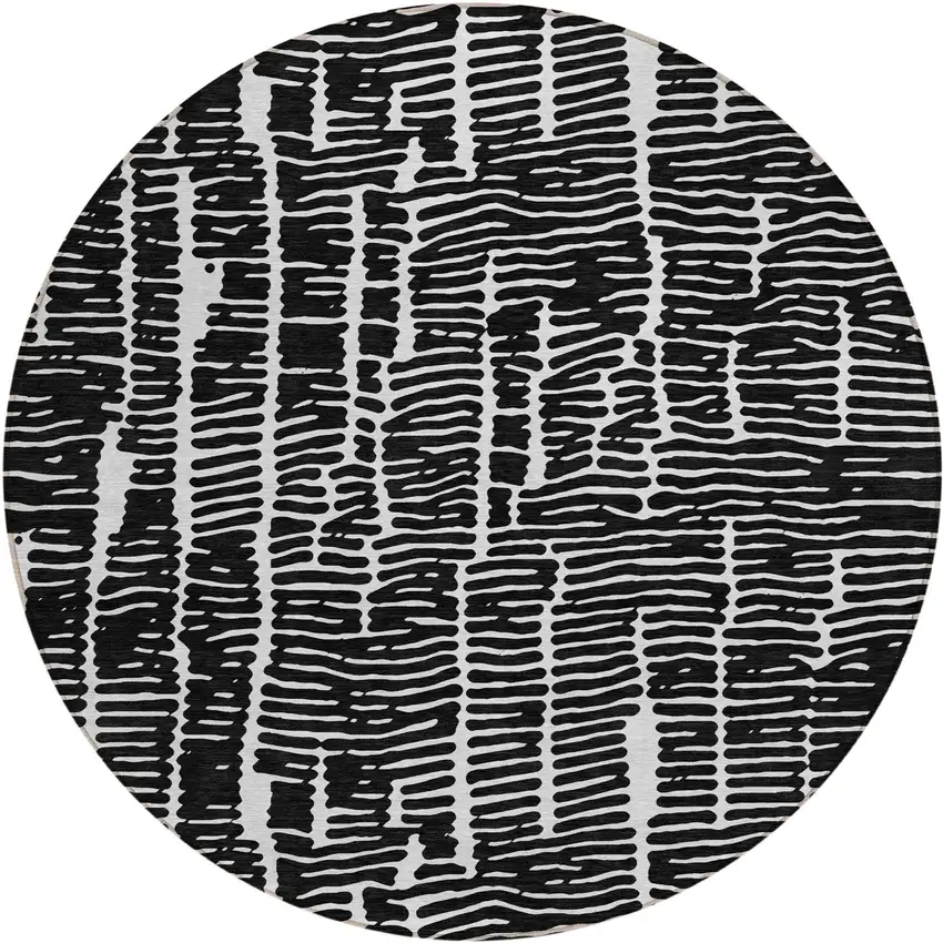8' Black And Ivory Round Abstract Washable Indoor Outdoor Area Rug Photo 2