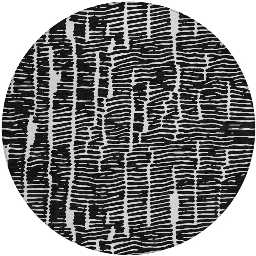 8' Black And Ivory Round Abstract Washable Indoor Outdoor Area Rug Photo 2