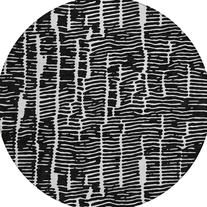 8' Black And Ivory Round Abstract Washable Indoor Outdoor Area Rug Photo 7