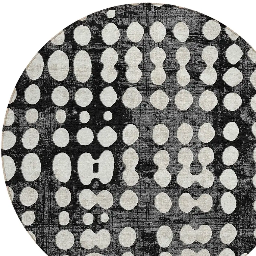 8' Black And Ivory Round Abstract Washable Indoor Outdoor Area Rug Photo 4