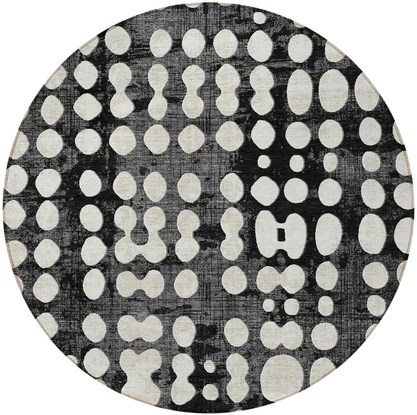 8' Black And Ivory Round Abstract Washable Indoor Outdoor Area Rug Photo 5