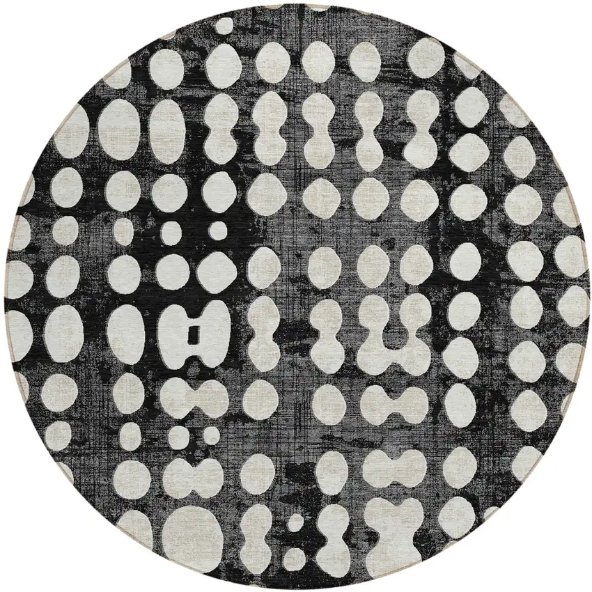 8' Black And Ivory Round Abstract Washable Indoor Outdoor Area Rug Photo 2