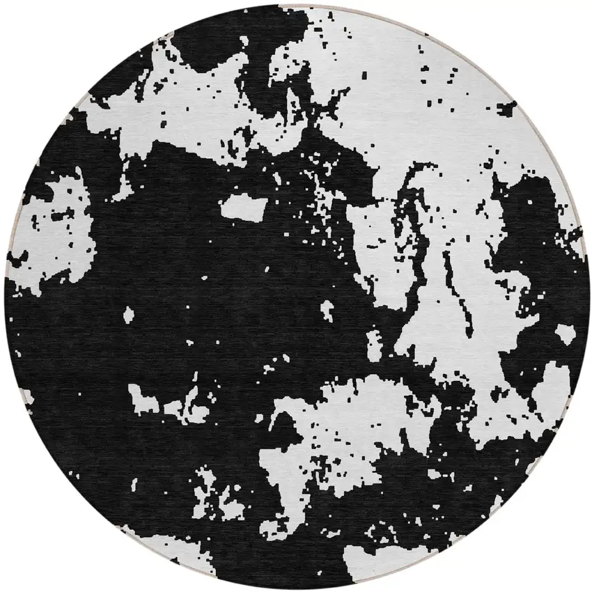 8' Black And Ivory Round Abstract Washable Indoor Outdoor Area Rug Photo 2