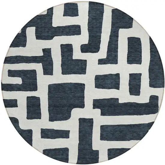 8' Black And Ivory Round Abstract Washable Indoor Outdoor Area Rug Photo 2