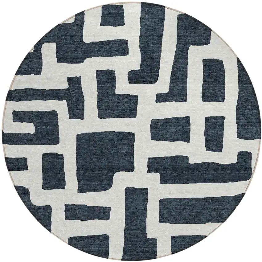 8' Black And Ivory Round Abstract Washable Indoor Outdoor Area Rug Photo 2