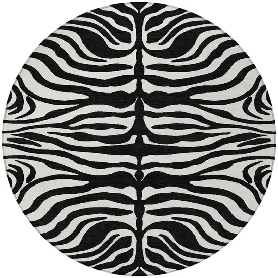 8' Black And Ivory Round Animal Print Washable Indoor Outdoor Area Rug Photo 6