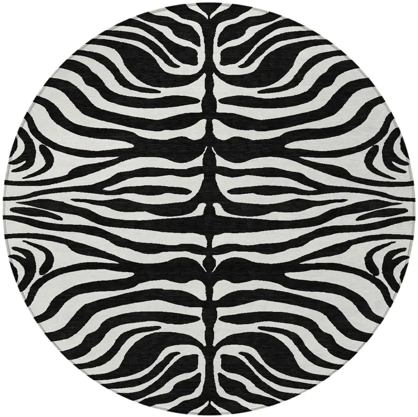 8' Black And Ivory Round Animal Print Washable Indoor Outdoor Area Rug Photo 6