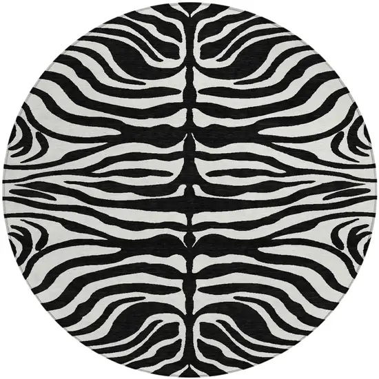 8' Black And Ivory Round Animal Print Washable Indoor Outdoor Area Rug Photo 2