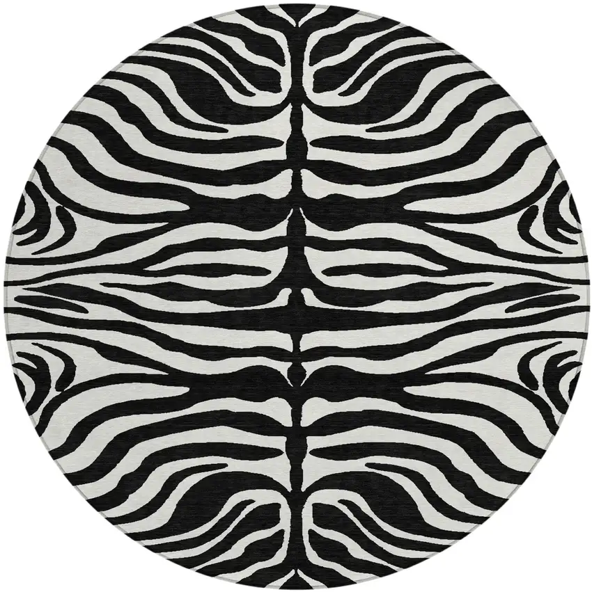 8' Black And Ivory Round Animal Print Washable Indoor Outdoor Area Rug Photo 2