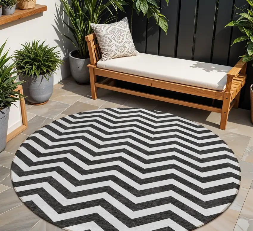 8' Black And Ivory Round Chevron Washable Indoor Outdoor Area Rug Photo 1