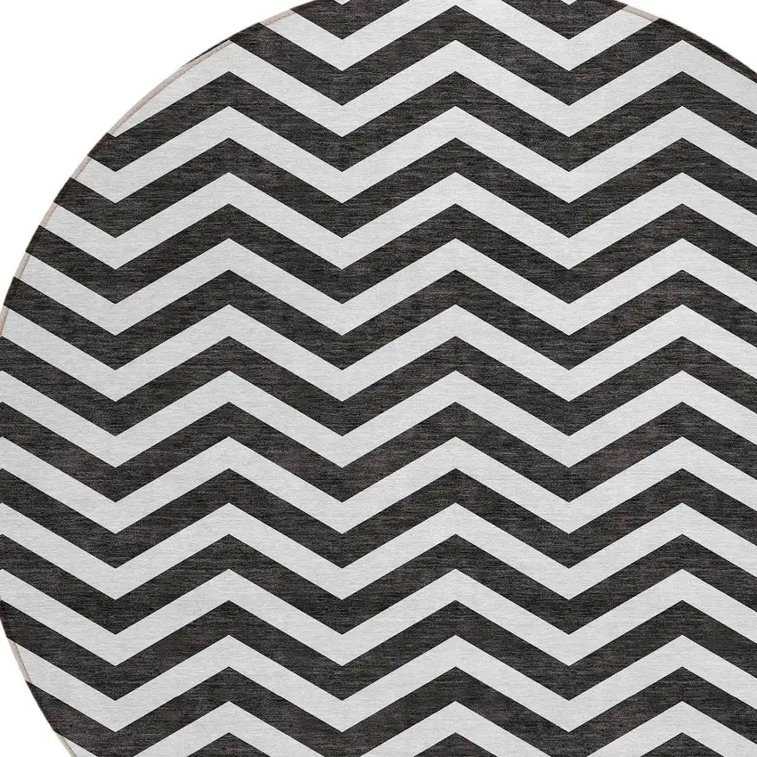 8' Black And Ivory Round Chevron Washable Indoor Outdoor Area Rug Photo 4