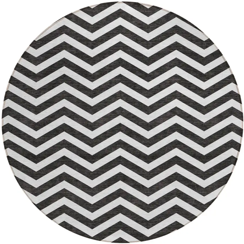 8' Black And Ivory Round Chevron Washable Indoor Outdoor Area Rug Photo 2