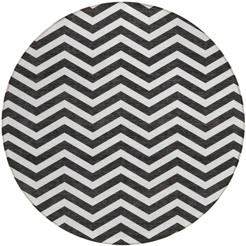 8' Black And Ivory Round Chevron Washable Indoor Outdoor Area Rug Photo 6