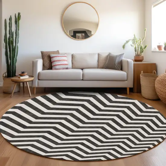 8' Black And Ivory Round Chevron Washable Indoor Outdoor Area Rug Photo 8