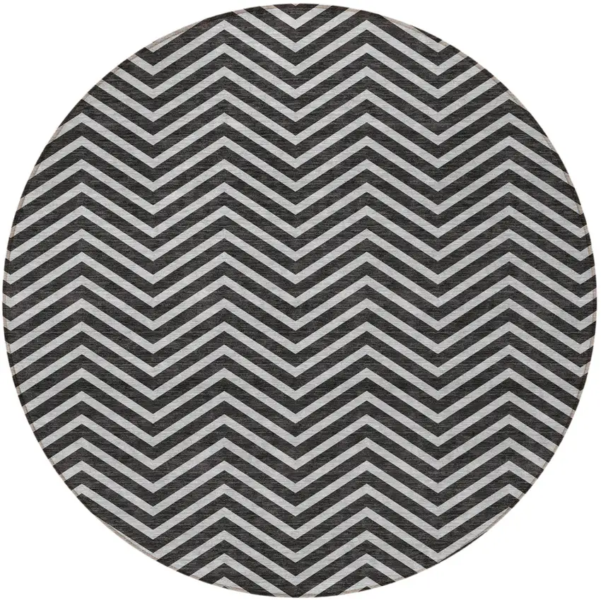 8' Black And Ivory Round Chevron Washable Indoor Outdoor Area Rug Photo 6