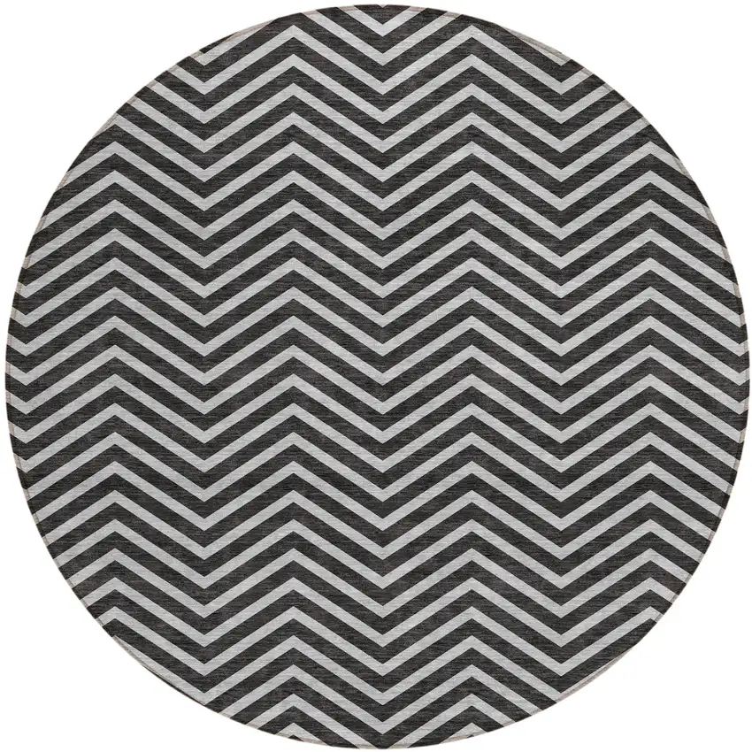 8' Black And Ivory Round Chevron Washable Indoor Outdoor Area Rug Photo 2