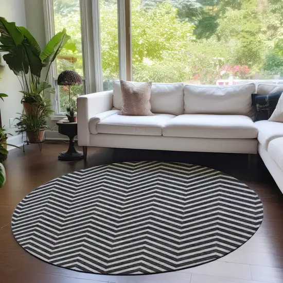 8' Black And Ivory Round Chevron Washable Indoor Outdoor Area Rug Photo 8