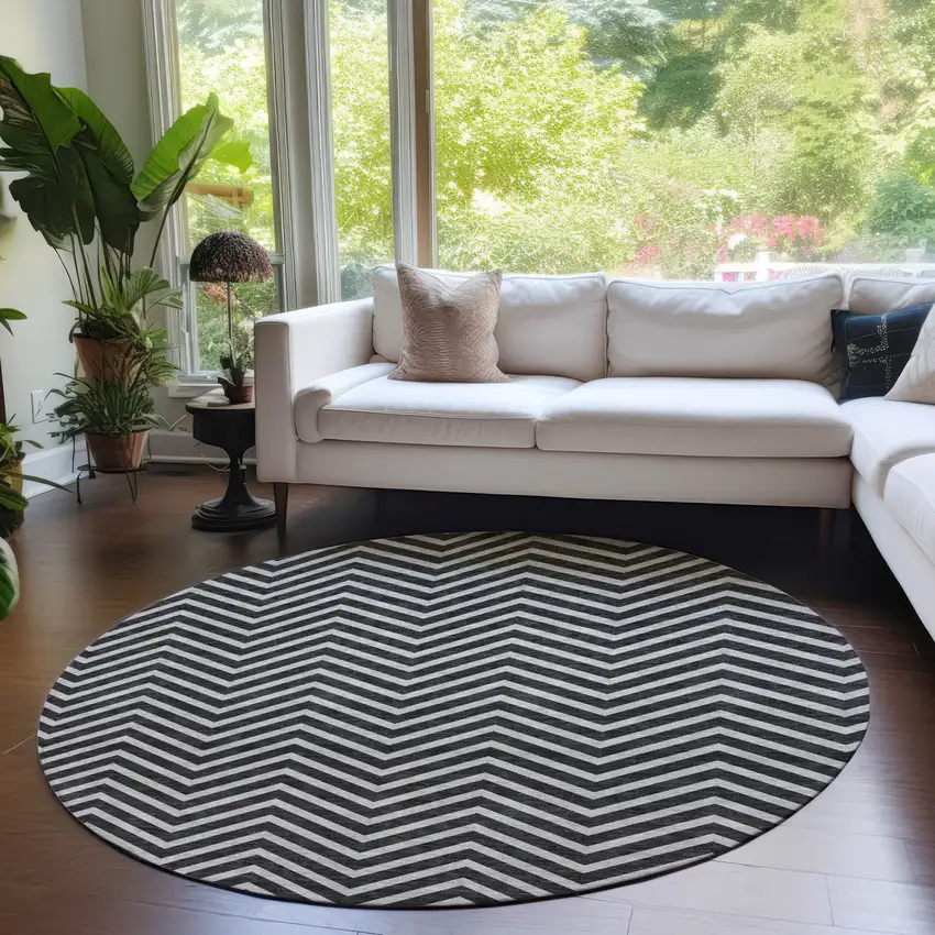 8' Black And Ivory Round Chevron Washable Indoor Outdoor Area Rug Photo 8