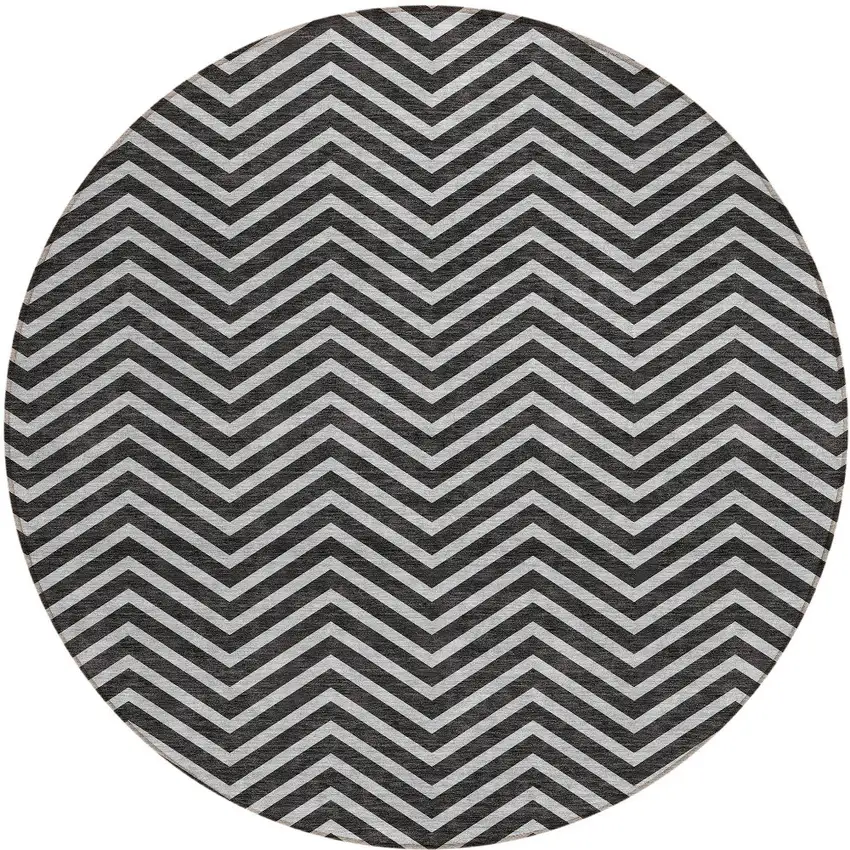 8' Black And Ivory Round Chevron Washable Indoor Outdoor Area Rug Photo 5