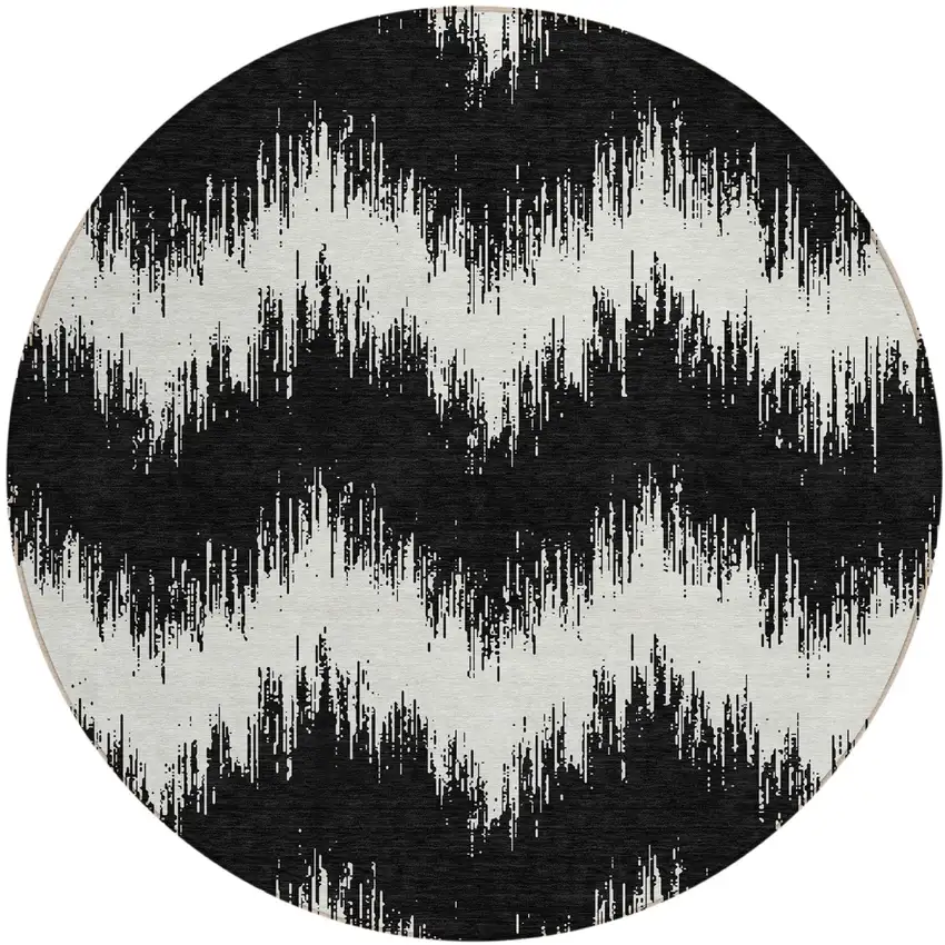 8' Black And Ivory Round Chevron Washable Indoor Outdoor Area Rug Photo 2
