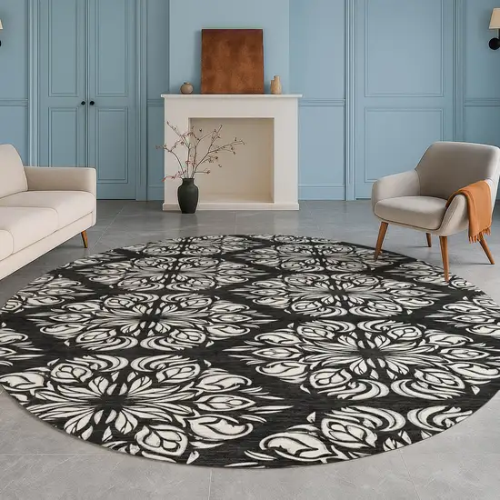 8' Black And Ivory Round Damask Washable Indoor Outdoor Area Rug Photo 5