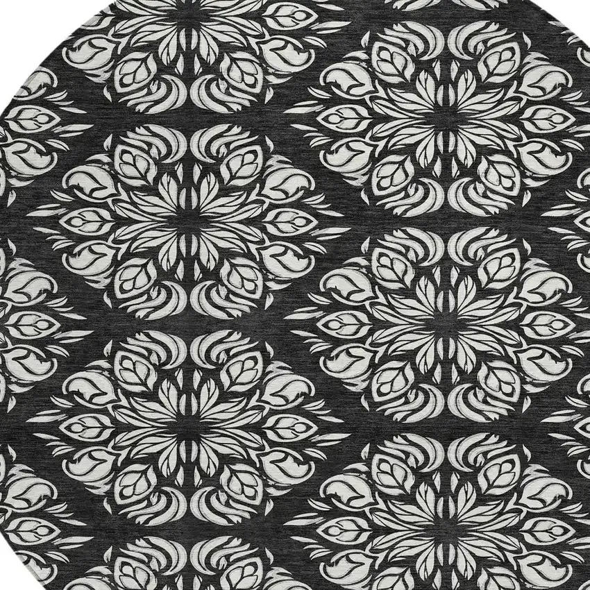 8' Black And Ivory Round Damask Washable Indoor Outdoor Area Rug Photo 2