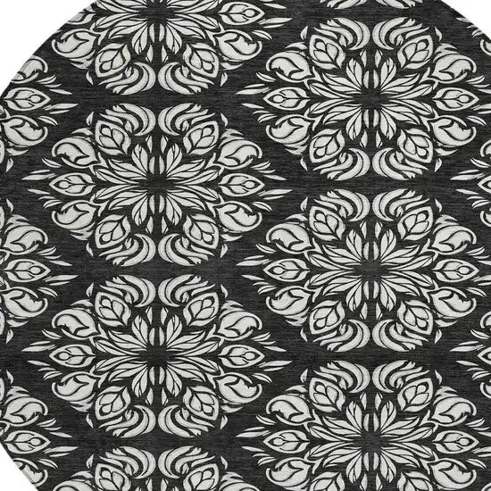 8' Black And Ivory Round Damask Washable Indoor Outdoor Area Rug Photo 2