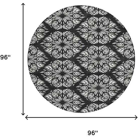 8' Black And Ivory Round Damask Washable Indoor Outdoor Area Rug Photo 8