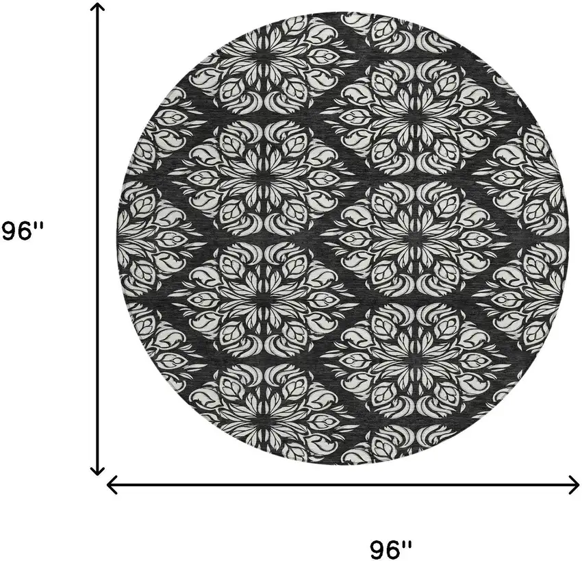 8' Black And Ivory Round Damask Washable Indoor Outdoor Area Rug Photo 8
