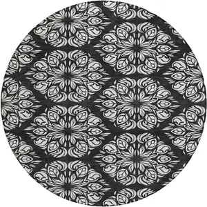Photo of 8' Black And Ivory Round Damask Washable Indoor Outdoor Area Rug